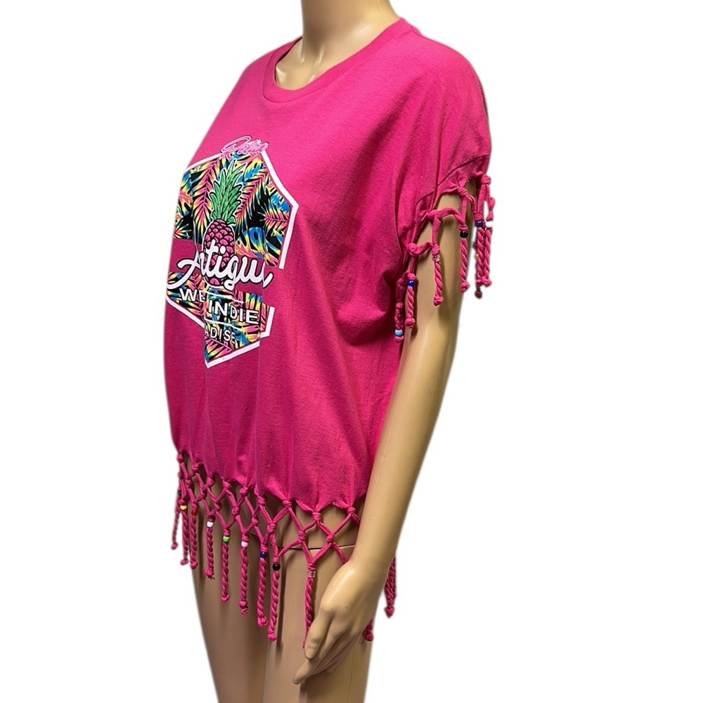Antigua West Indies Beaded Fringed Pink Caribbean Pink Graphic Tee Womens XL - Picture 3 of 14